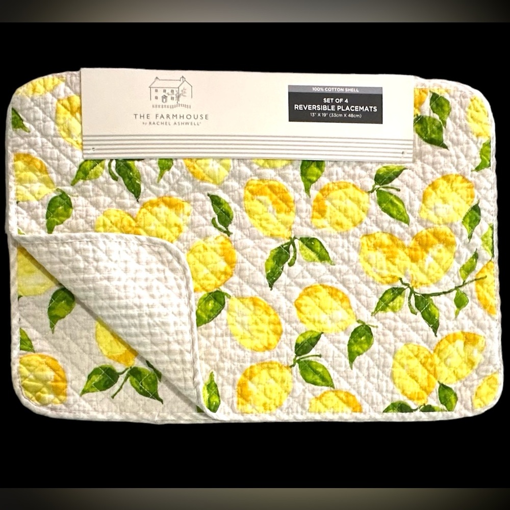 Rachel Ashwell 4 Pc. Set of Reversible Quilted Lemon Print Placemats NEW